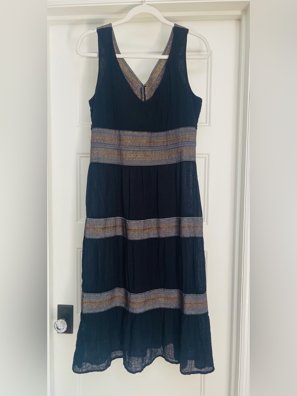 Sleeveless Black Tiered Maxi Dress with Metallic Stripe Detail